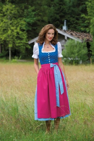 Trachten Outlet Original Salzburger - Baumwolldirndl hellblau mit rosa Schürze